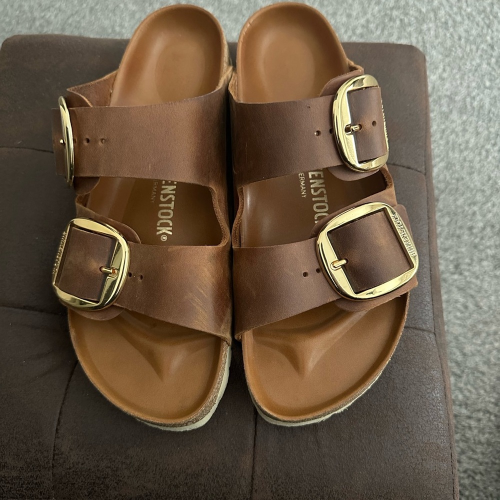 Birkenstock Tan Sandals with Gold Buckles